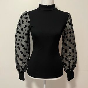 Black Ribbed Top w/ Mesh Polka Dot Sleeves